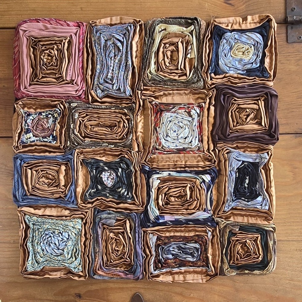 Vintage Dreamweavers Handmade Silk Tie Pillow Cover with Hand-Rolled Roses